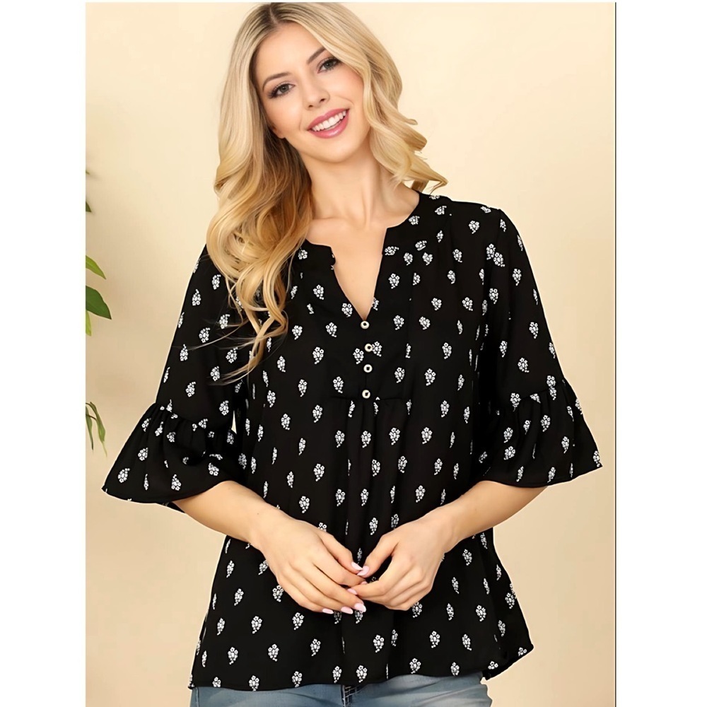 KFab Designs Black Floral Ruffle Sleeve Blouse- large-EUC